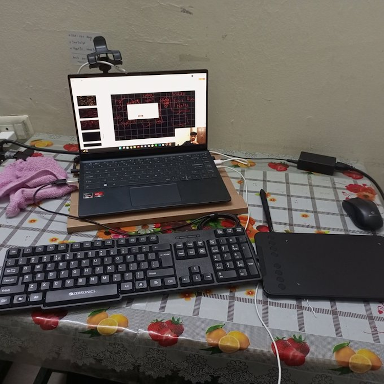 Primary workspace setup with ambient lighting